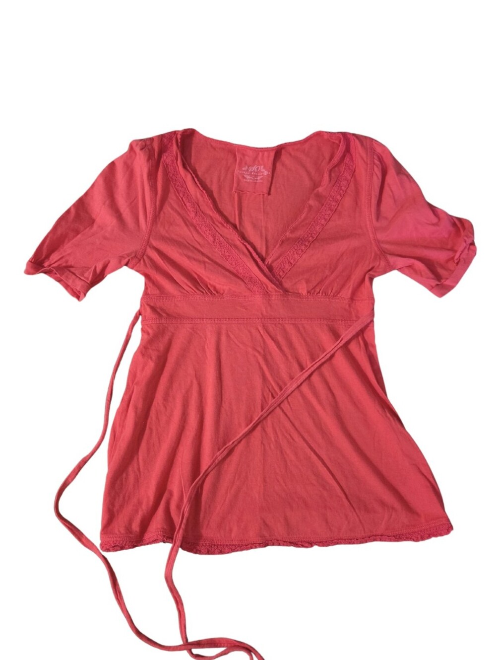 Y2K Coral Red Babydoll Top Shirt Womens M Tie Back Preppy Feminine Coquette 2000